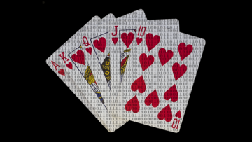 Five playing cards (Ace, King, Queen, Jack and ten of hearts) fanned out against a black background. The cards are overlaid with binary code in a digital-looking font
