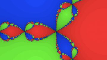 A fractal image made up of royal blue, red and lime green