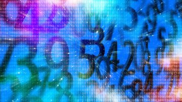 black numbers against a blue / purple background, overlaid with binary digits in pale pink
