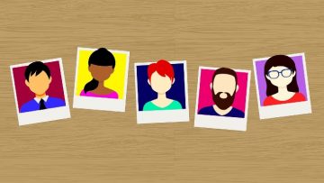 Bold illustration of scattered polaroids with five peoples' head and shoulderl