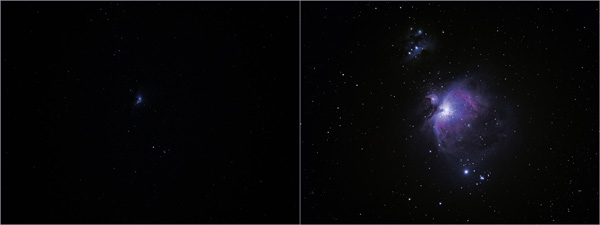 Onion nebula, raw (left side) and processed (right side)
